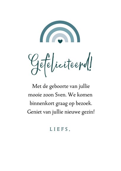 Blauwe felicitatiekaart geboorte jongen met regenboog 3
