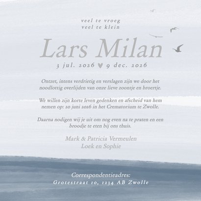 Blauwe rouwkaart kind met vogels en waterverf blauw 3