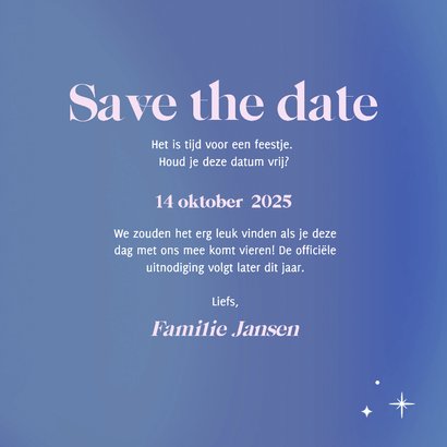 Blauwe save the date uitnodiging met holografische folie 3