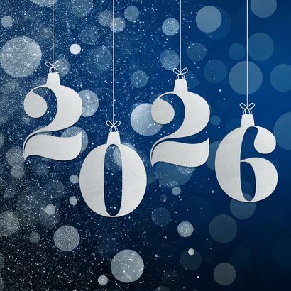 Blauwe zakelijke kerstkaart Engelstalig met zilveren 2026 2