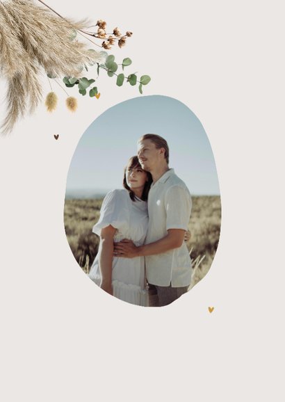 Boho trouwkaart save the date pampas krans goud 2