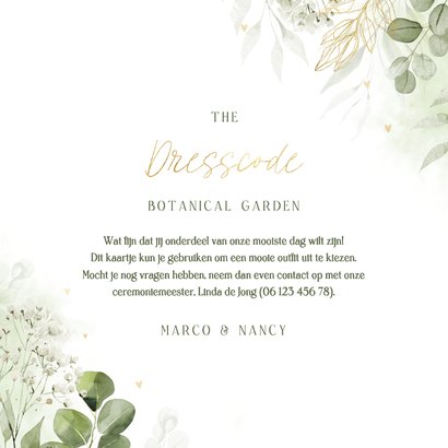 Botanisch dresscode kaartje waterverf en goudfolie Achterkant
