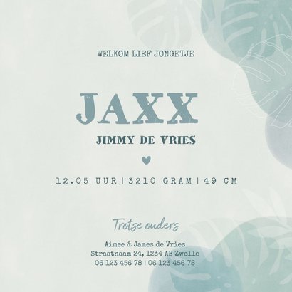 Botanisch geboortekaartje met junglebladeren jongetje 3