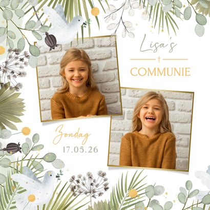 Botanische communie uitnodiging met takjes en duifjes 2