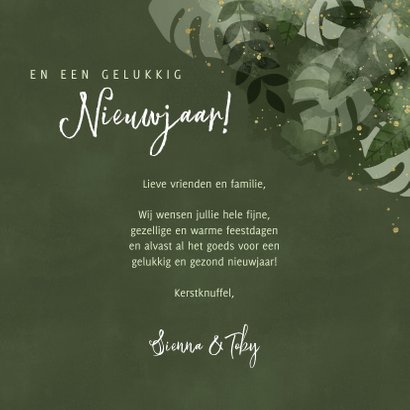Botanische kerstkaart met foto, bladeren en gouden spetters 3