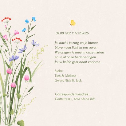 Botanische rouwkaart eigen foto en sierlijke veldbloemen 2