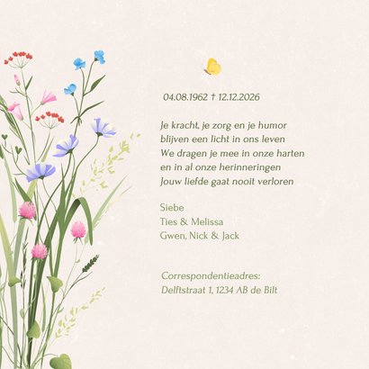 Botanische rouwkaart eigen foto en sierlijke veldbloemen 2