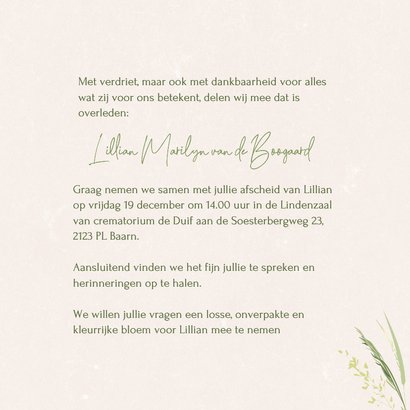 Botanische rouwkaart eigen foto en sierlijke veldbloemen 3
