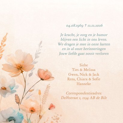 Botanische rouwkaart eigen foto en zachte aquarel bloemen 2