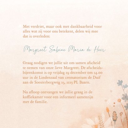 Botanische rouwkaart eigen foto en zachte aquarel bloemen 3