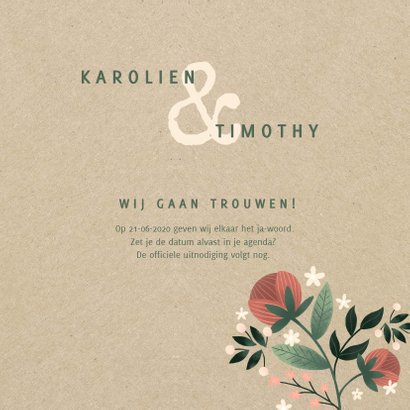 Botanische save the date kaart met bloemen, planten en kraft 3
