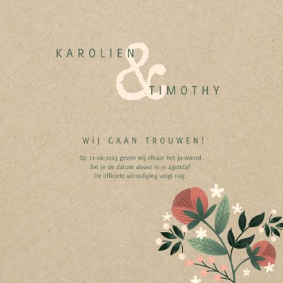 Botanische save the date kaart met bloemen, planten en kraft 3