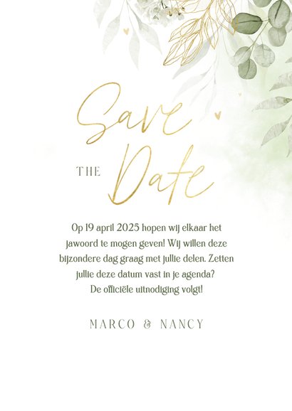 Botanische save the date kaart met waterverf en goudfolie 3