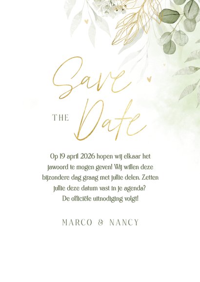 Botanische save the date kaart met waterverf en goudfolie 3