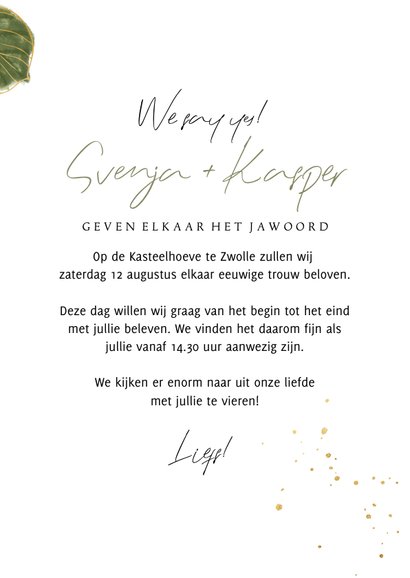Botanische trouwkaart foto bladeren lijntekening goud 3