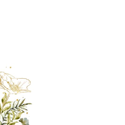 Botanische trouwkaart 'Ja!' watercolour bladeren goud foto Achterkant