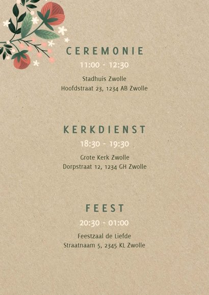 Botanische trouwkaart met bloemen, planten en kraftlook 2