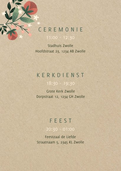 Botanische trouwkaart met bloemen, planten en kraftlook 2