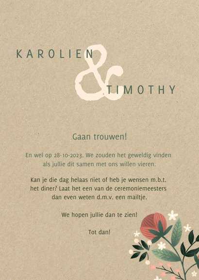 Botanische trouwkaart met bloemen, planten en kraftlook 3
