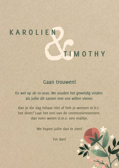 Botanische trouwkaart met bloemen, planten en kraftlook 3