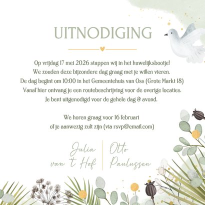 Botanische trouwkaart met witte duifjes en planten kader  3