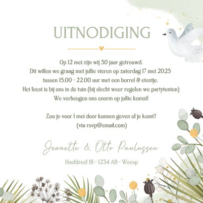 Botanische uitnodiging 50-jarig jubileum met duifjes 3
