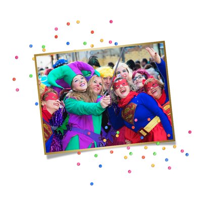 Carnavalskaart foto's kostuums folieballonnen confetti 2