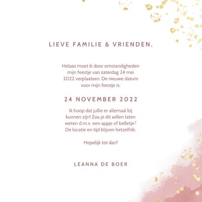 Change of plans uitnodigingskaart roze waterverf en spetters 3
