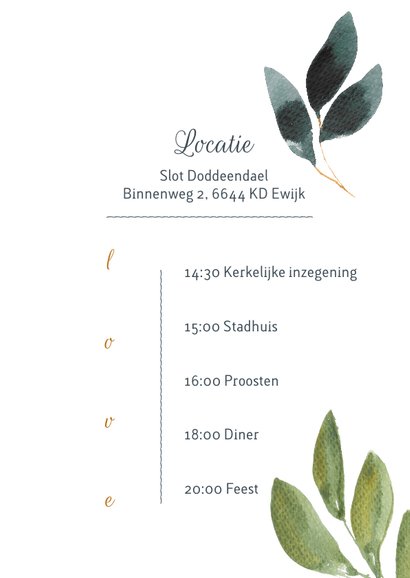 Chique botanische trouwkaart met aquarel bladgroen 3