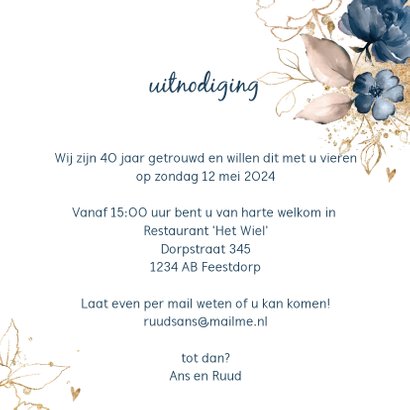 Chique donkerblauwe 40 huwelijksjubileum kaart bloemen 3