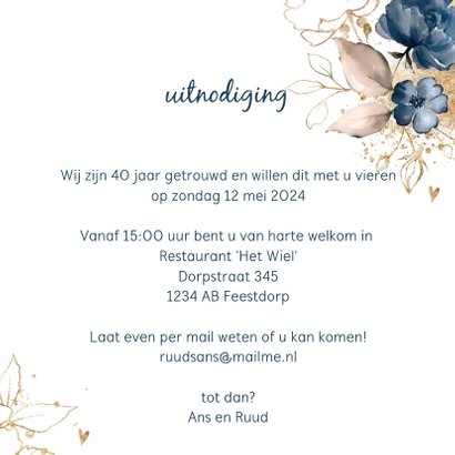 Chique donkerblauwe 40 huwelijksjubileum kaart bloemen 3