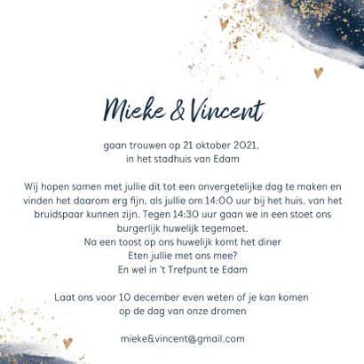 Chique trouwkaart donkerblauw goudlook poeder 3