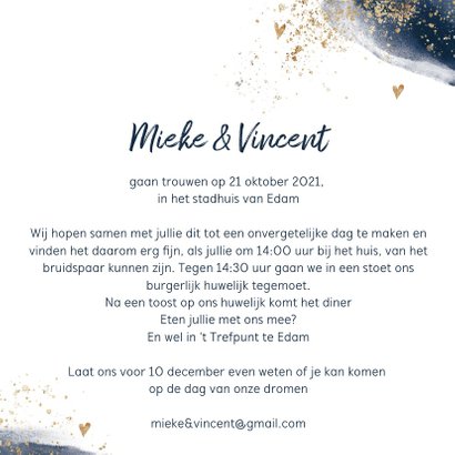 Chique trouwkaart donkerblauw goudlook poeder 3