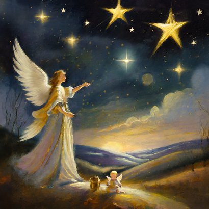 Christelijke klassieke kerstkaart met schilderij met engel 2