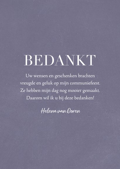 Communie bedankkaart klassieke letters en grote foto 3