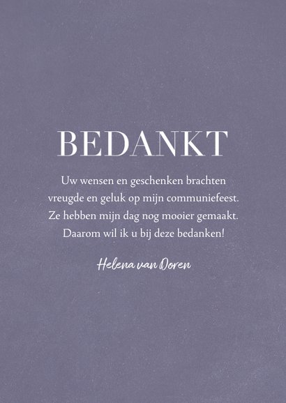 Communie bedankkaart klassieke letters en grote foto 3