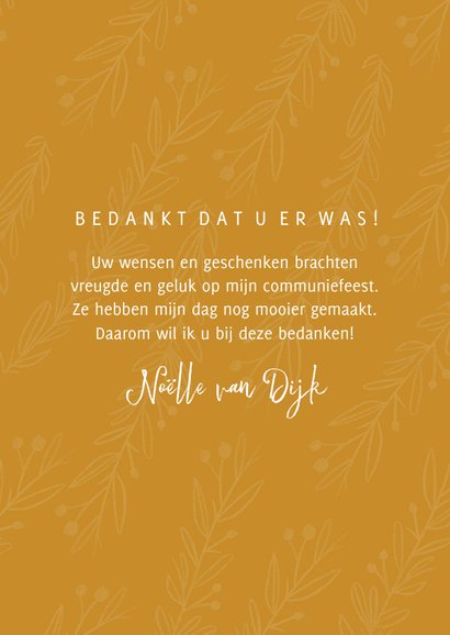 Communie bedankkaart stijlvol oker en takjes 3