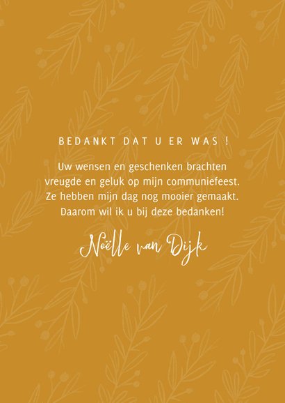 Communie bedankkaart stijlvol oker en takjes 3