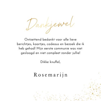 Communie bedankkaartje fotocollage wit met gouden spetters Achterkant