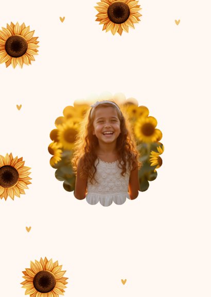 Communie bedankkaartje met foto, zonnebloemen en hartjes 2