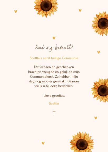 Communie bedankkaartje met foto, zonnebloemen en hartjes 3