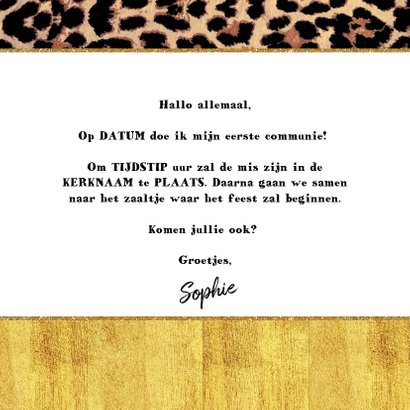 Communie foto uitnodiging stoer en hip met panterprint 3