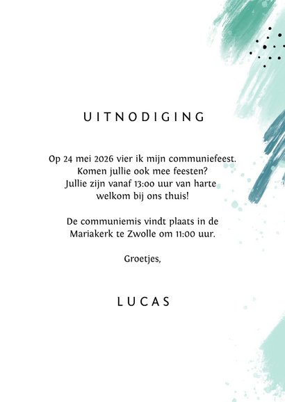 Communie jongen verf spetters foto uitnodiging 3
