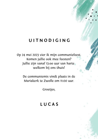 Communie jongen verf spetters foto uitnodiging 3