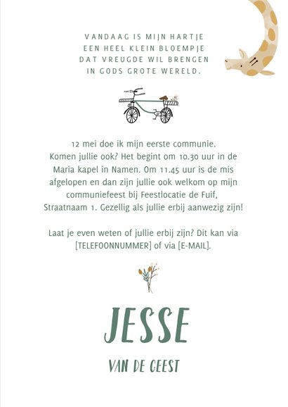 Communie kaartje giraf op de fiets illustratie 3