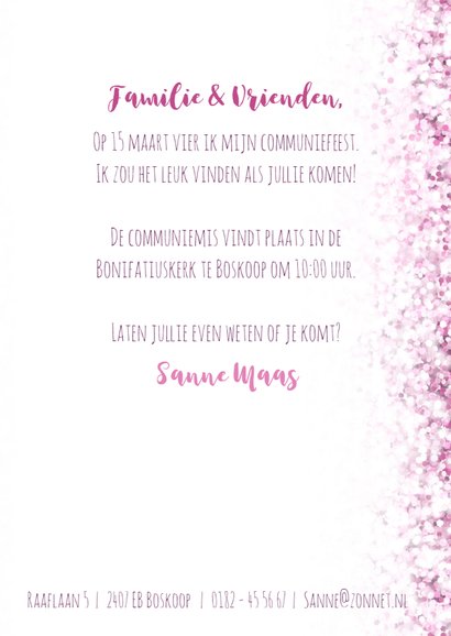 Communie lentefeest vormsel glitter eigen foto roze 3