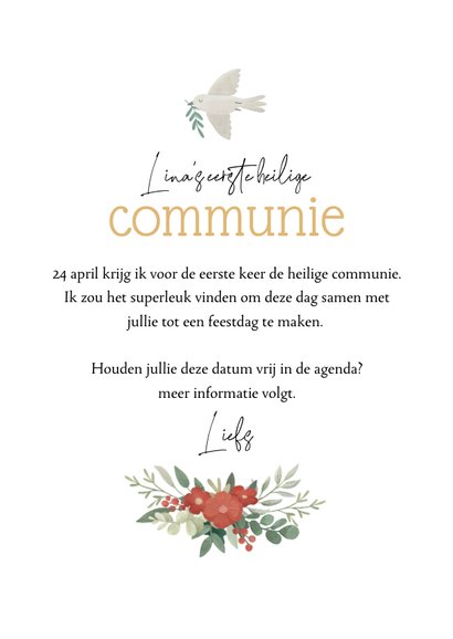 Communie save the date jurkje bloemen krans sterren goud 3