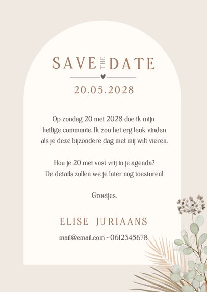 Communie Save the Date kaart met droogbloemen illustratie 3