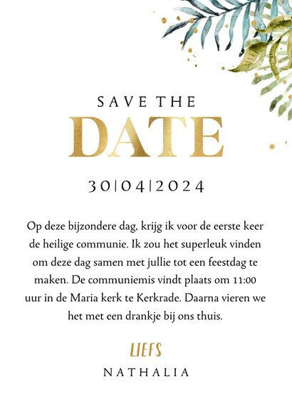 Communie save the date kalender botanisch watercolour goud 3