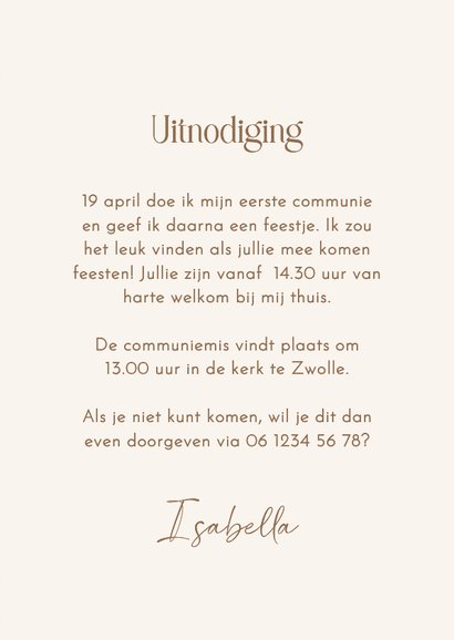 Communie uitnodiging beige kant met spettertjes goud 3